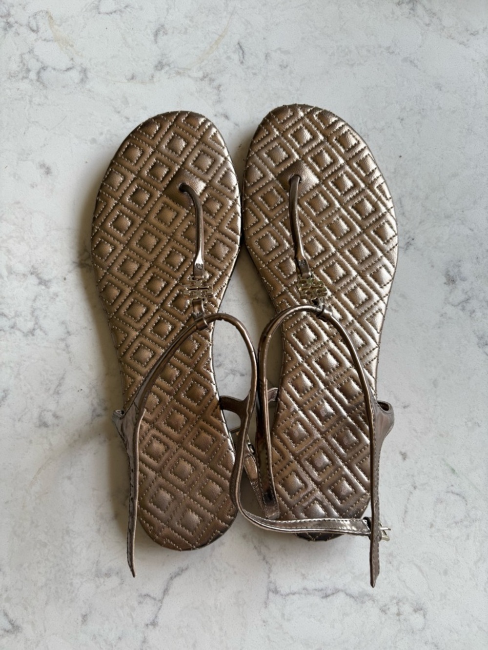 Tory Burch Metallic Bronze Quilted T-Strap Sandals